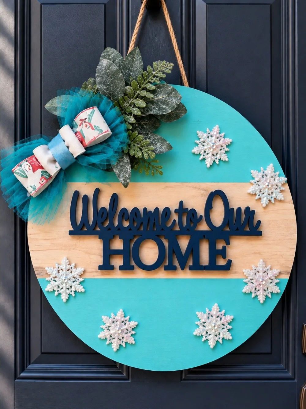 Welcome to Our Home Teal Holiday Door Hanger